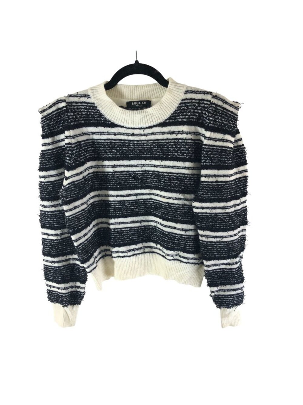 Beulah Striped Textured Black White Square Shoulder Pullover Sweater All Size